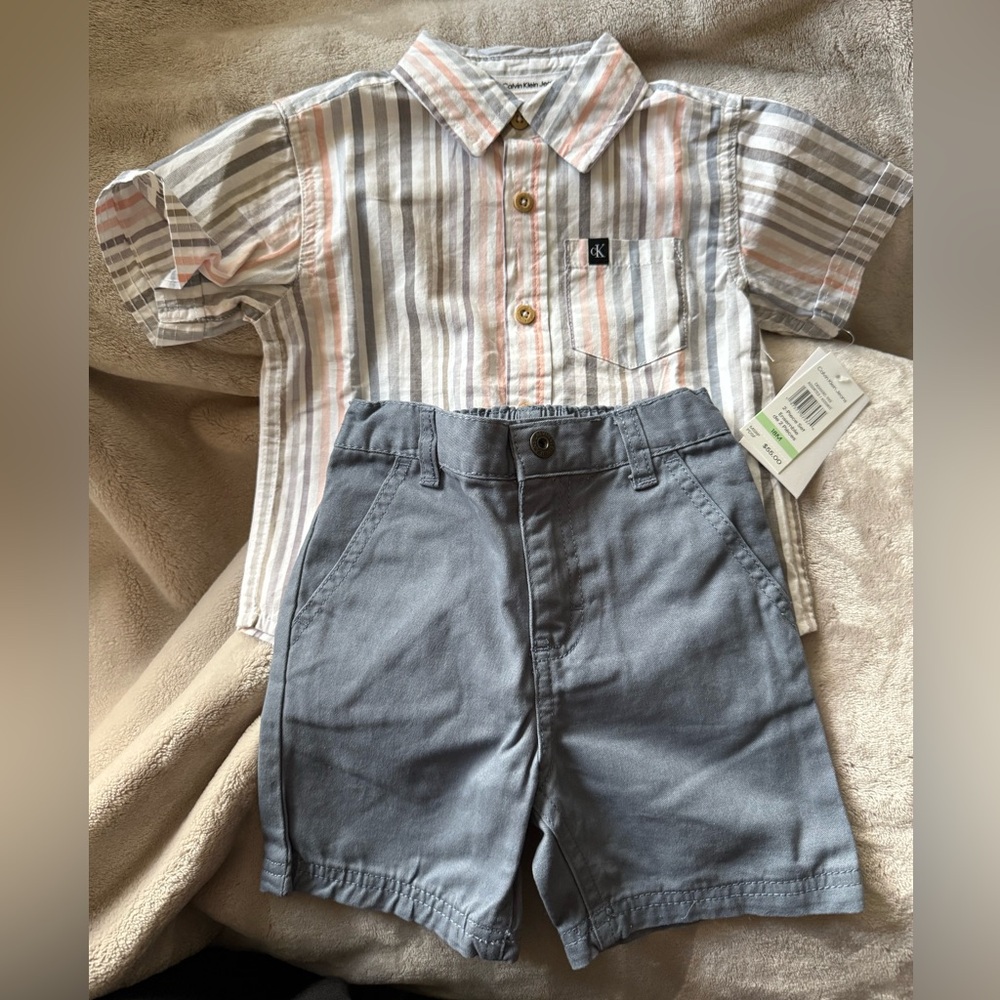 Calvin Klein Striped Shirt and Gray Shorts Set